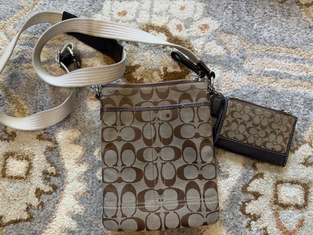 Coach Signature C Brown Canvas Crossbody Bag with FREE Matching Card Case!!!